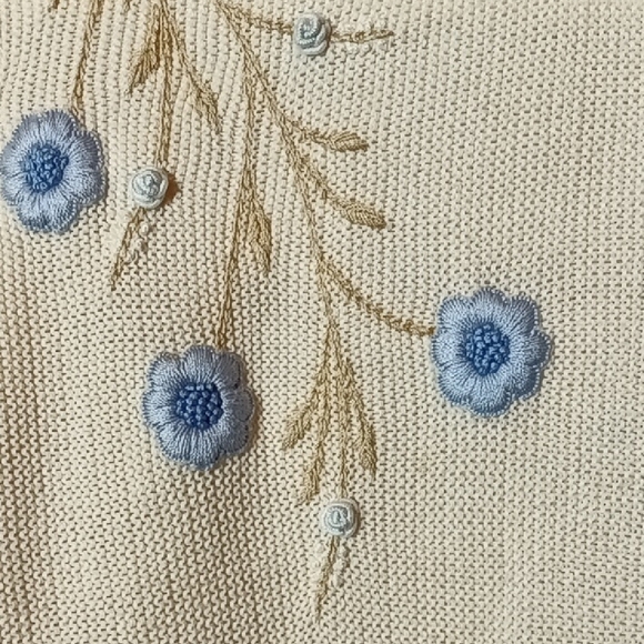 Vintage Grannyknit Cottagecore Floral Embroidered Crochet Cream Sweater - Picture 3 of 7